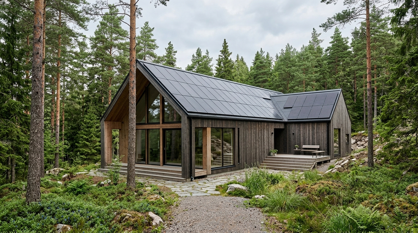 Modern skandinavisk villa med solcellstak och energieffektiv elförbrukning