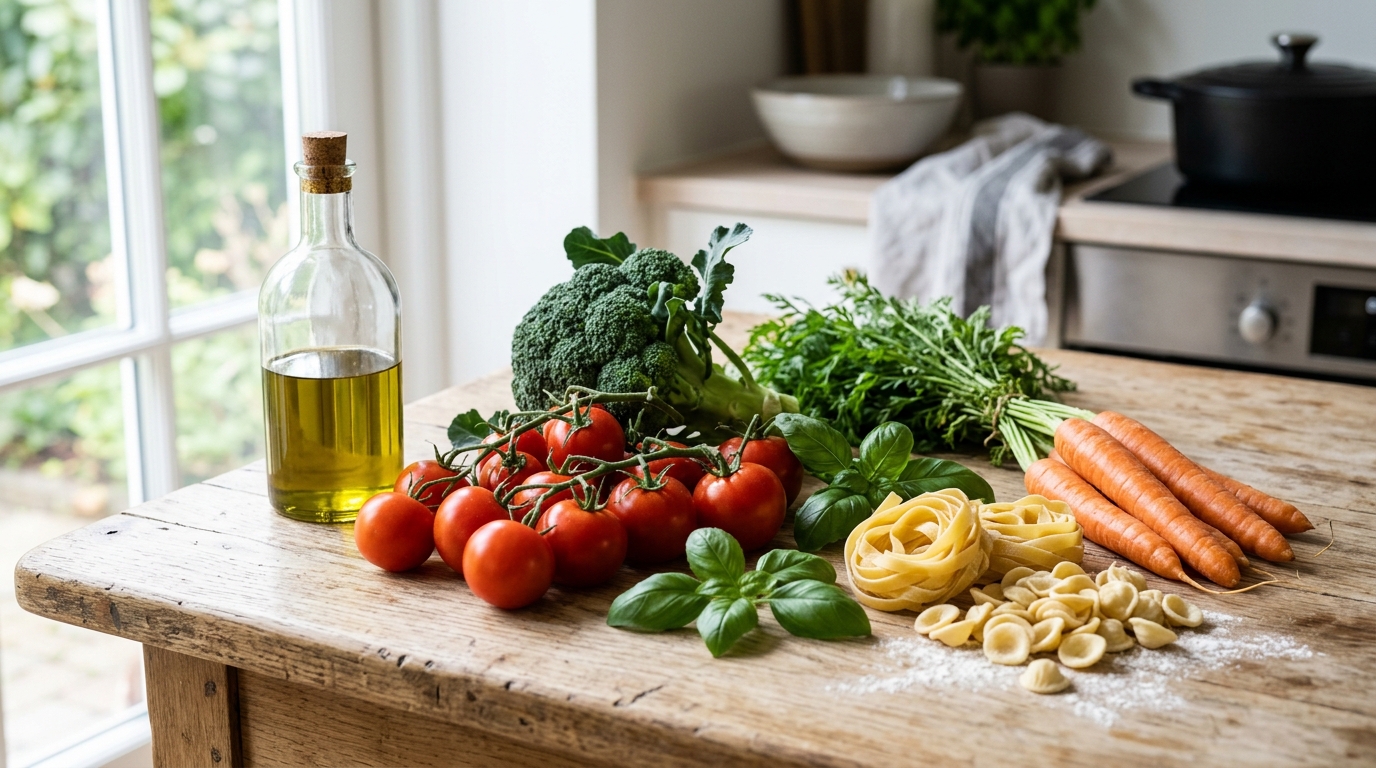 Färska råvaror och ingredienser till matkasse på skandinaviskt träbord