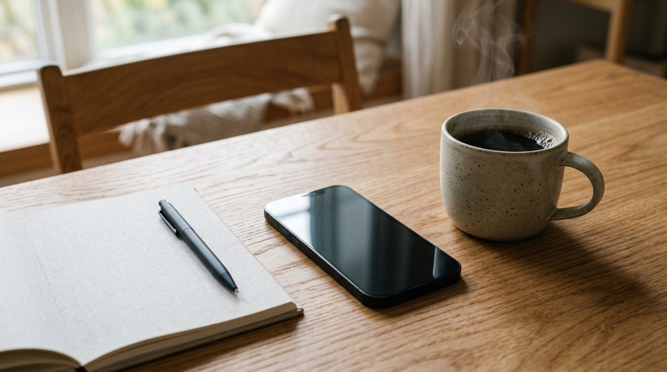 Modern smartphone vilande på ljust ekbord med kaffekopp