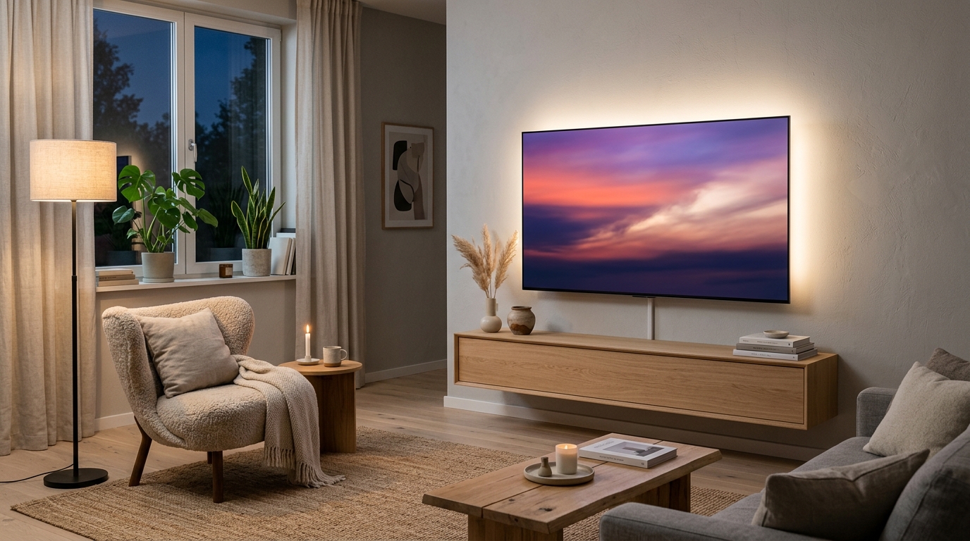 Väggmonterad TV med stämningsfull bakgrundsbelysning i skandinaviskt vardagsrum