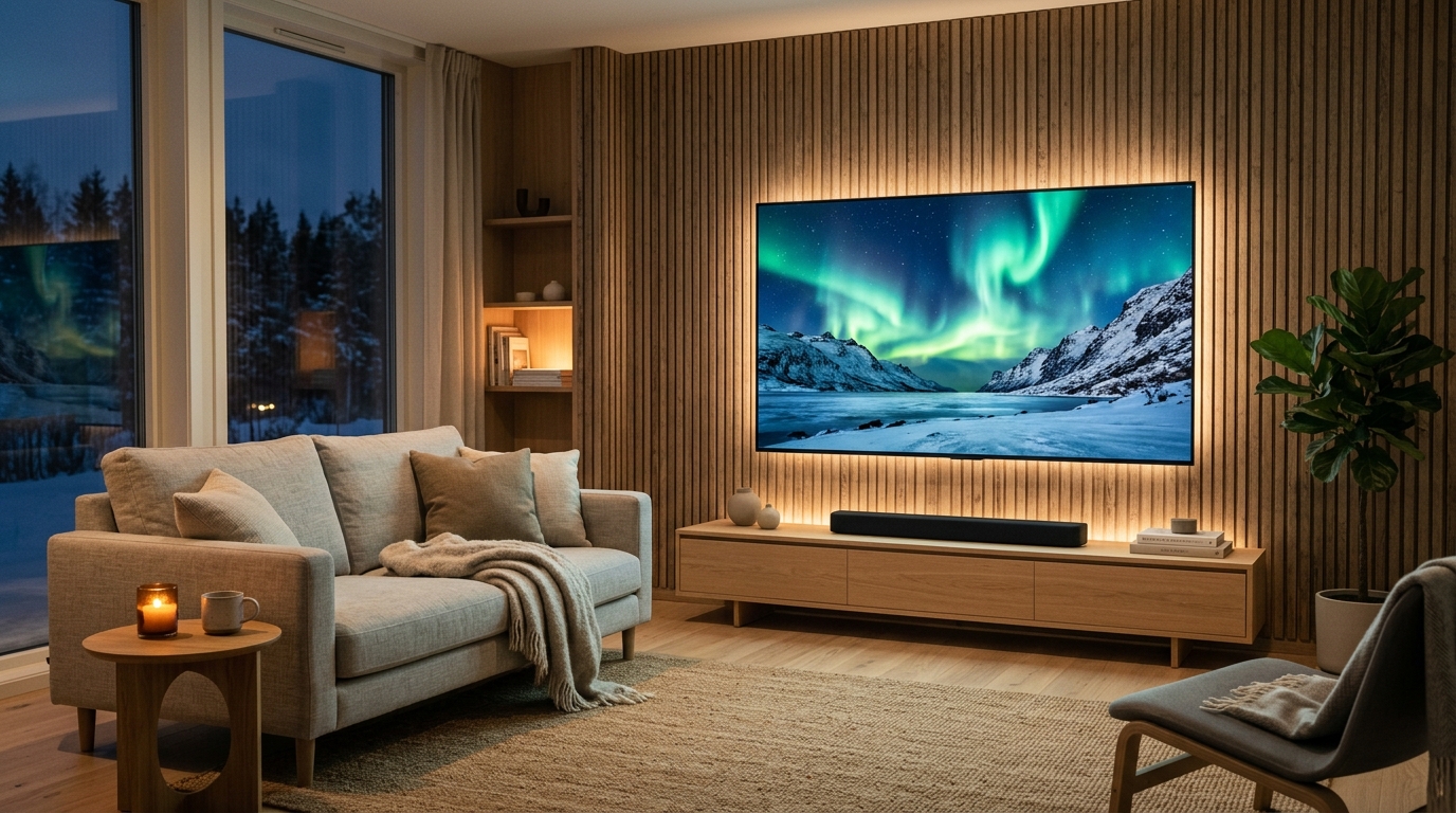 Smart TV i vardagsrum som visar film i hög upplösning